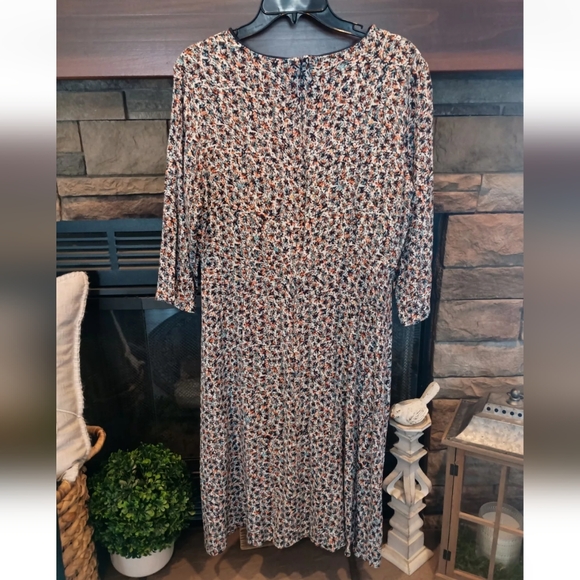 LOFT Western Boho Navy Multi-color Midi Dress with slit And Long Sleeves Sz 12 - Picture 5 of 14